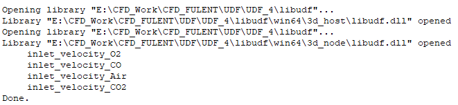 顺利通过编译,可以看到fluent中显示加载了4个入口速度在这里插入图片描述